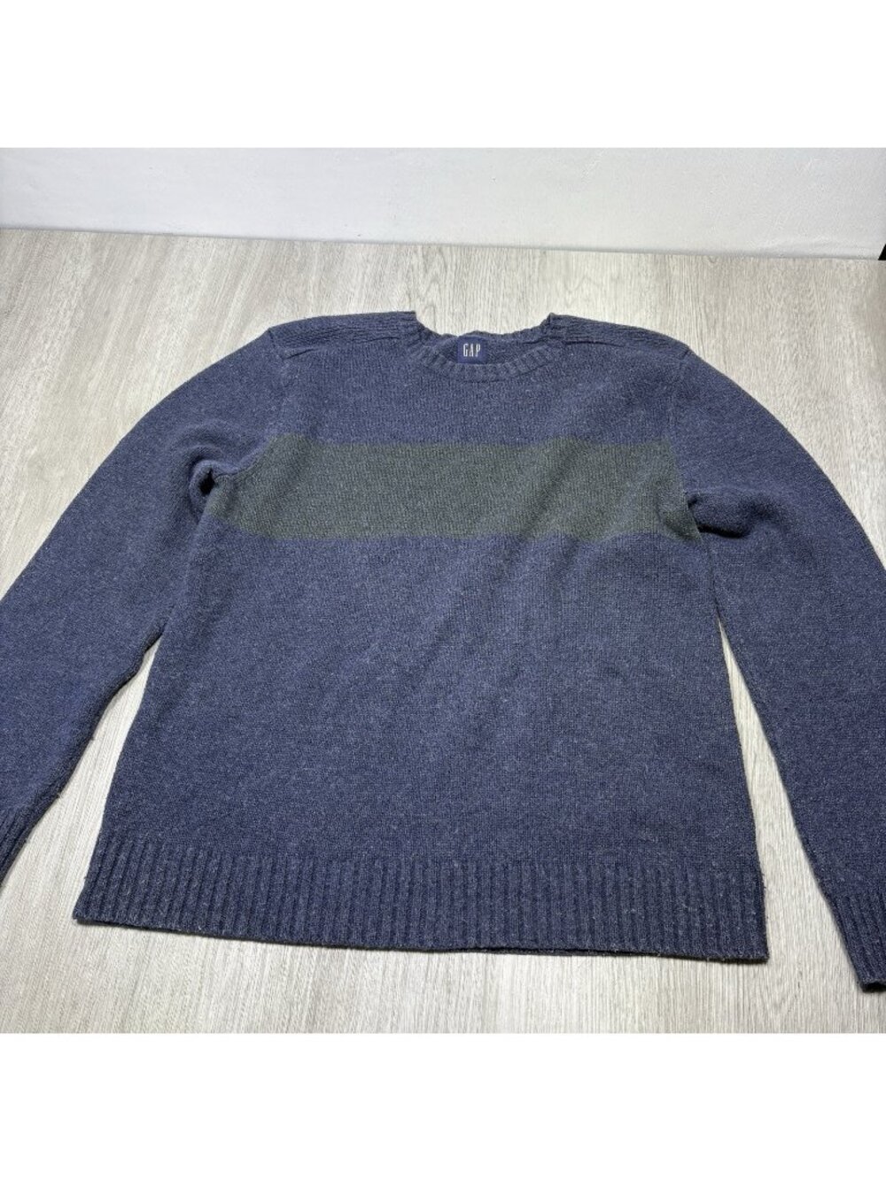 Large Gap Men's Sweater w/ Elbow Pads Blue w/ Green Stripe Pull Over